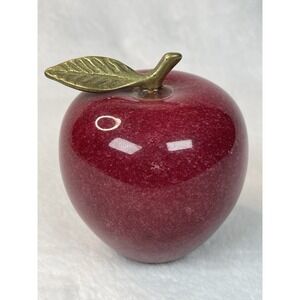 Vintage Red Marble Stone Apple Paperweight Brass Leaf Stem Heavy 3.5" Figurine